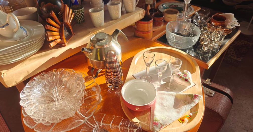 Thrifted glassware and serving pieces on a dining table